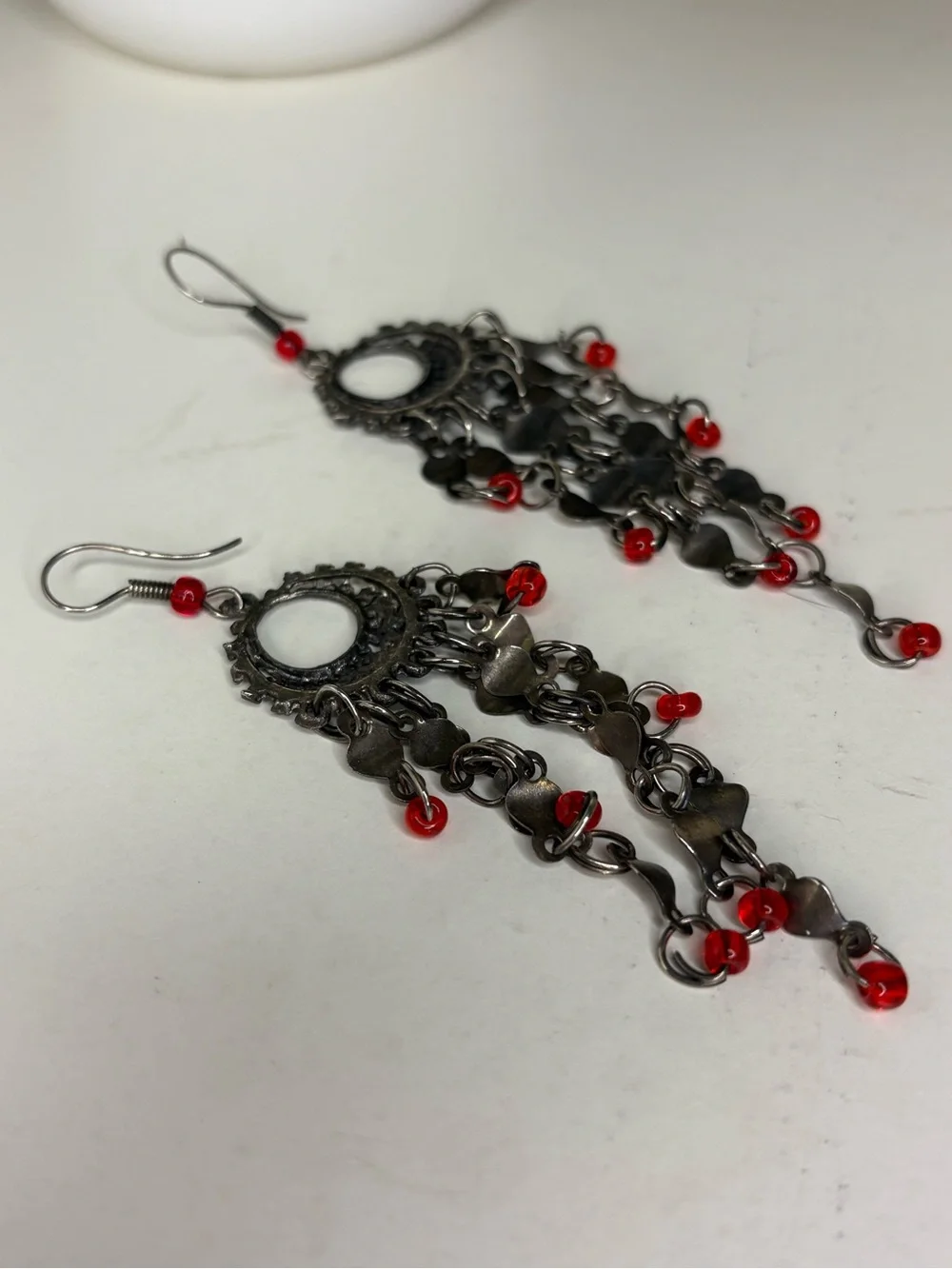 Vintage Boho Silver Chandelier Dangle Earrings Red Bead Fringe Statement